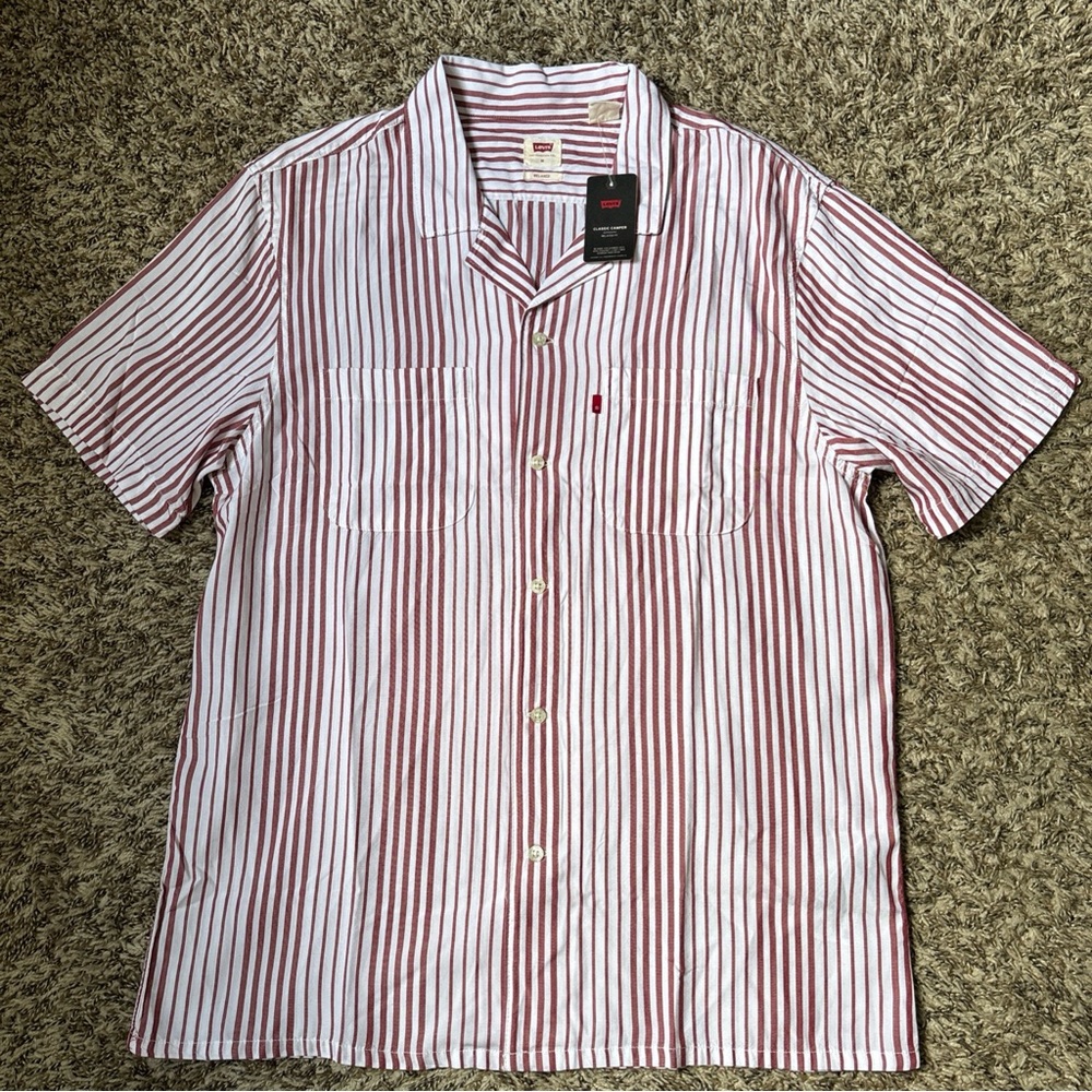 Levi's Men's White Shirt with Red Vertical Stripes Short Sleeve Button-Down